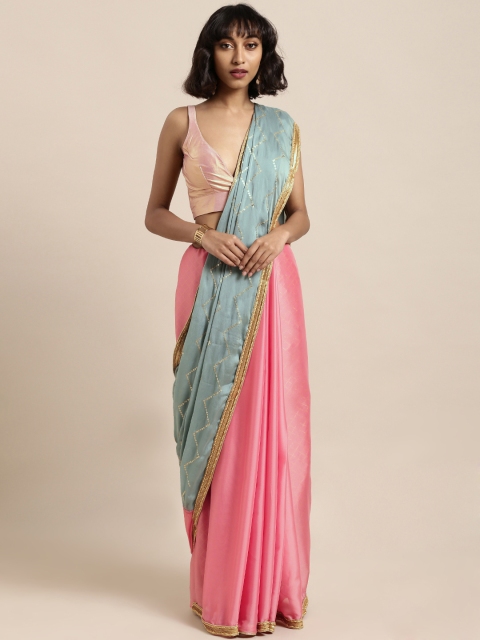 

Tikhi Imli Blue & Pink Satin Solid Half And Half Saree With Sequinned Detail
