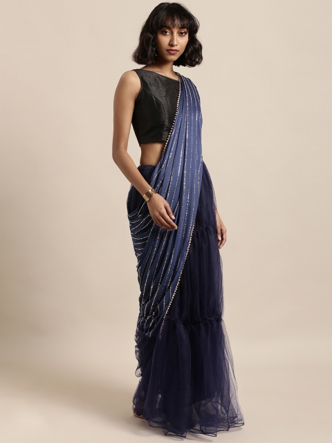 

Tikhi Imli Navy Blue Embellished Satin Half & Half Saree