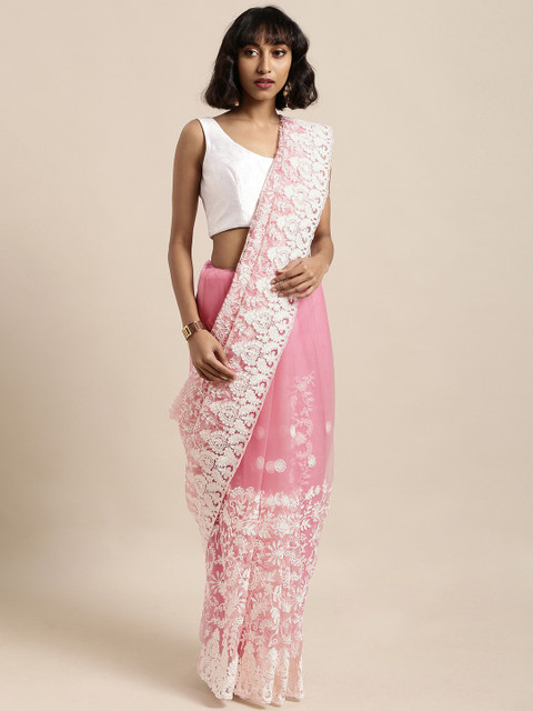 

Tikhi Imli Pink Embroidered Net Saree