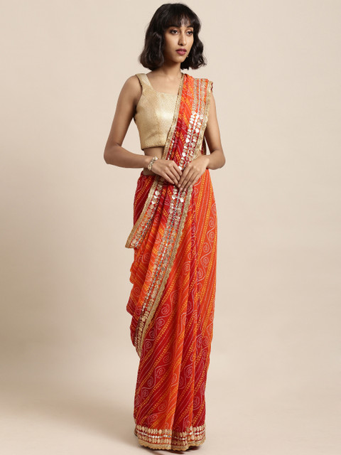 

Tikhi Imli Red & Orange Poly Georgette Printed Bandhani Saree