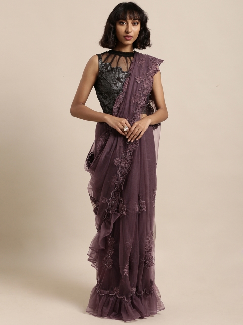 

Tikhi Imli Mauve Embroidered Net Ruffle Saree With Swarovski Crystals