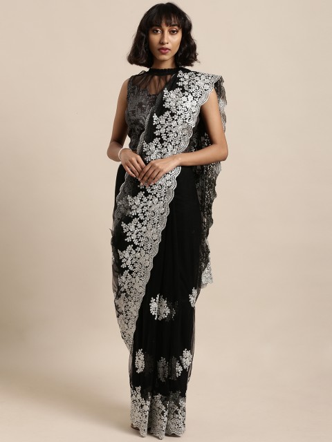 

Tikhi Imli Black & Silver-Toned Net Embroidered Saree With Lace Details