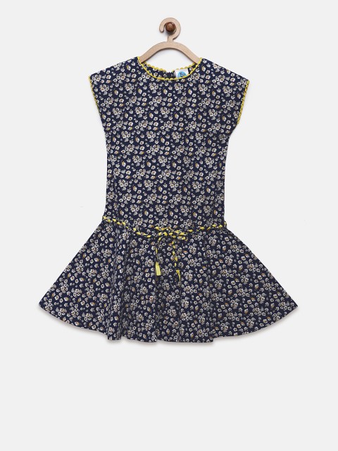 

Cub McPaws Girls Navy Blue Floral Print Drop-Waist Dress