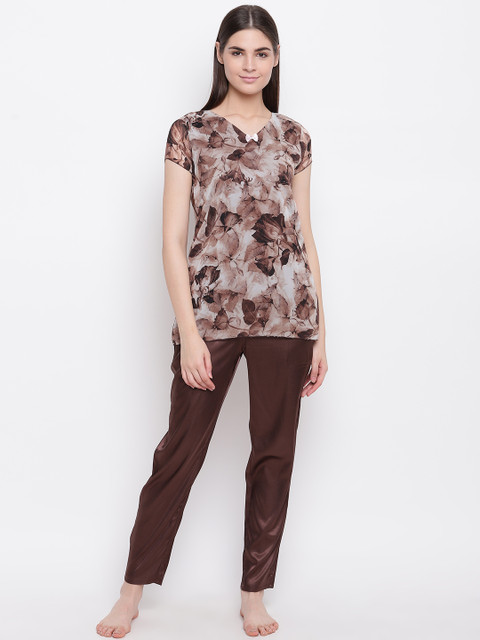 

Sweet Dreams Women Brown & Off-White Floral Print Night Suit
