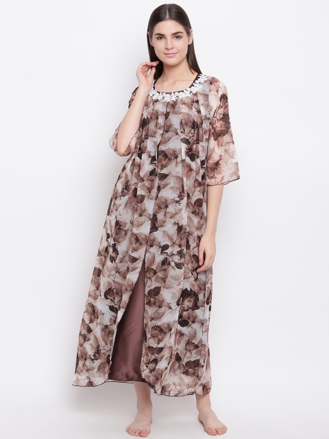 

Sweet Dreams Brown & Off-White Satin Finish Printed Layered Maxi Nightdress