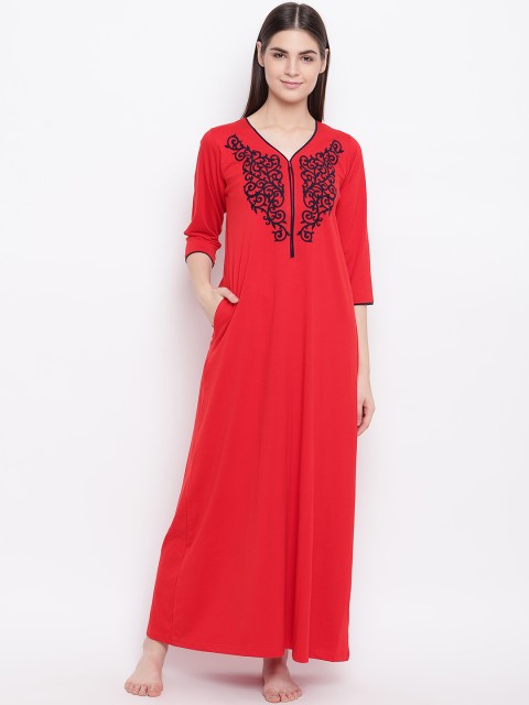 

Sweet Dreams Red & Navy Blue Ethnic Printed Maxi Nightdress