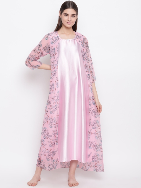 

Sweet Dreams Pink & Blue Satin Finish Printed Layered Maxi Nightdress