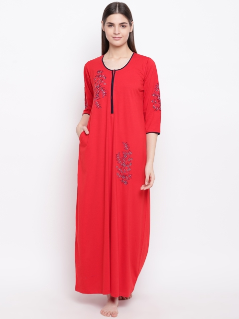 

Sweet Dreams Red Solid Maxi Nightdress with Embroidery