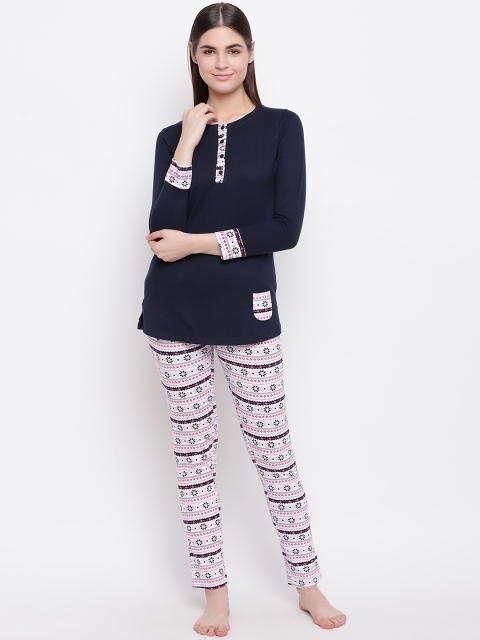 

Sweet Dreams Women Navy Blue & White Printed Night Suit
