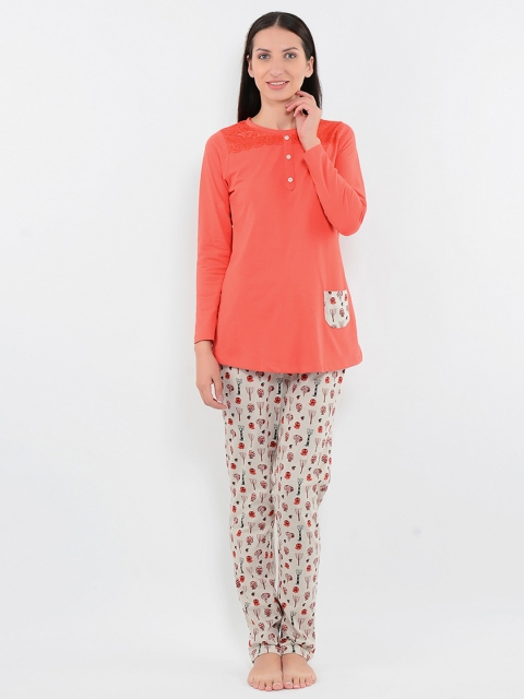 

Sweet Dreams Women Coral Orange & Beige Solid Night suit