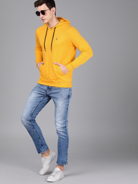 Men Mustard Solid Slim Fit Hooded Sweatshirt