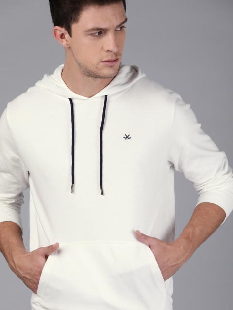 Men White Solid Hooded Sweatshirt