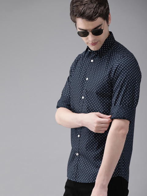 

THE BEAR HOUSE Men Navy Blue & White Slim Fit Printed Casual Shirt