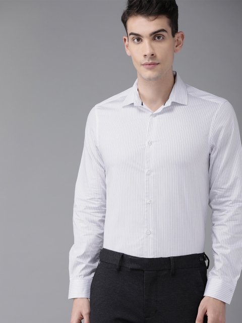 

THE BEAR HOUSE Men White & Navy Blue Slim Fit Striped Formal Shirt