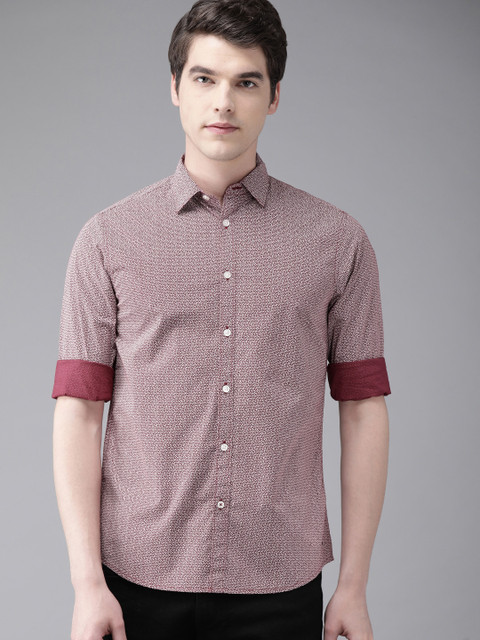 

THE BEAR HOUSE Men Maroon & White Slim Fit Printed Casual Shirt
