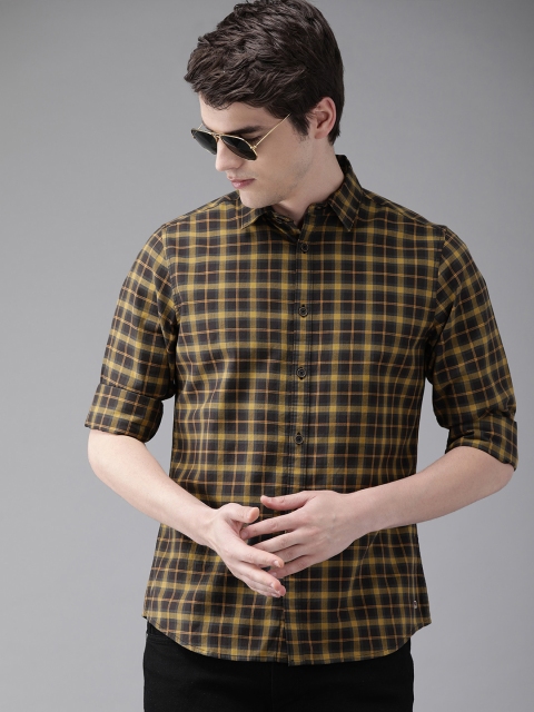 

THE BEAR HOUSE Men Mustard Yellow & Charcoal Grey Slim Fit Checked Casual Shirt
