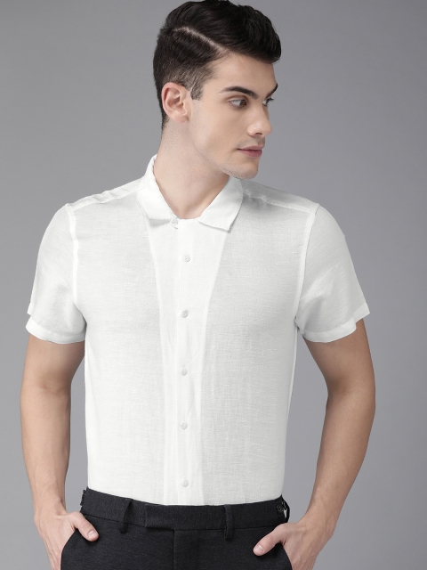 

THE BEAR HOUSE Men White Slim Fit Solid Bowling Collar Linen Casual Shirt