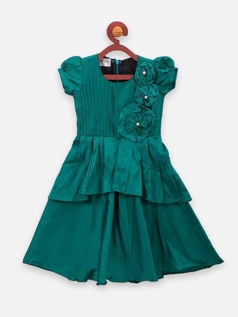 

LilPicks Girls Green Solid Raw Silk Fit and Flare Dress