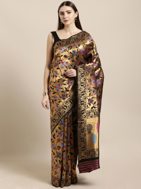 

Mitera Gold-Coloured & Black Silk Blend Woven Design Kanjeevaram Saree