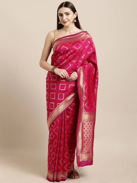 

Mitera Pink Silk Blend Woven Design Kanjeevaram Saree