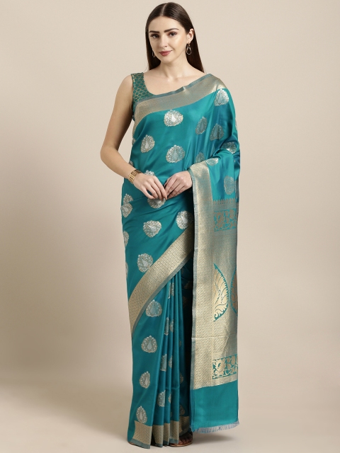 

Mitera Teal Blue & Gold-Toned Silk Blend Woven Design Kanjeevaram Saree