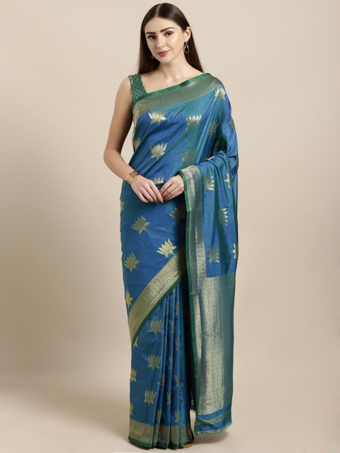

Mitera Teal Blue Silk Blend Woven Design Kanjeevaram Saree