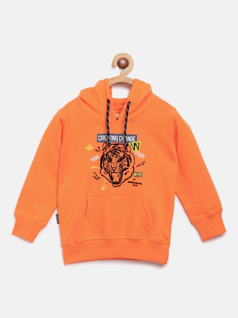 Boys Orange Printed Hooded Sweatshirt