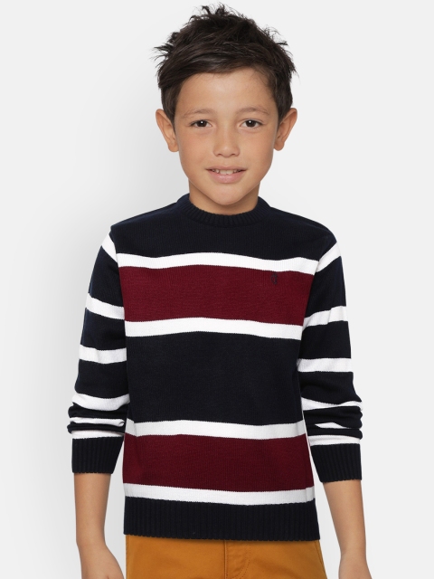 Boys Navy Blue & Burgundy Striped Pullover Sweater