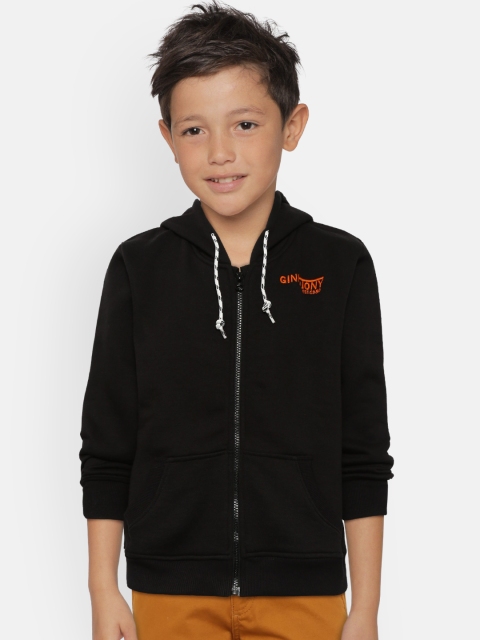 Boys Black Solid Hooded Font-Open Sweatshirt