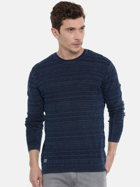 Pepe Jeans Men Blue Self Design Pullover Sweater