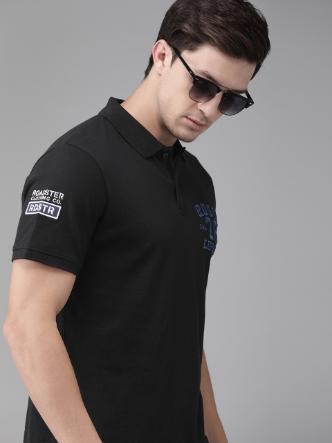 

Roadster Men Black Brand Carrier Printed Polo Collar T-shirt