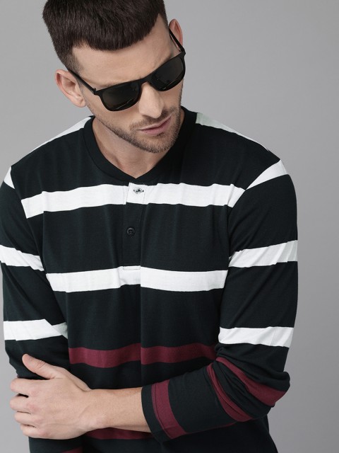 

Roadster Men Navy Blue & White Striped Mandarin Collar T-shirt