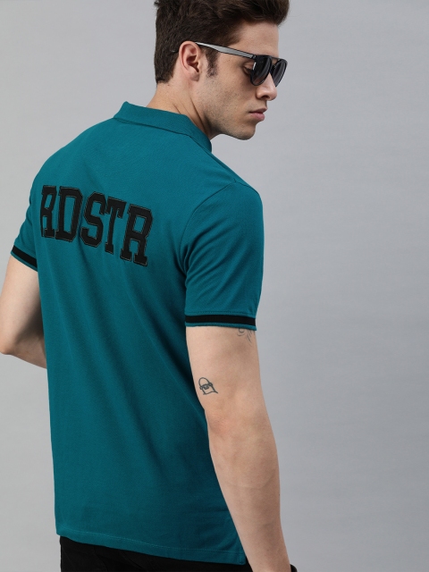 

Roadster Men Teal Blue Back Embroidery Polo Collar T-shirt