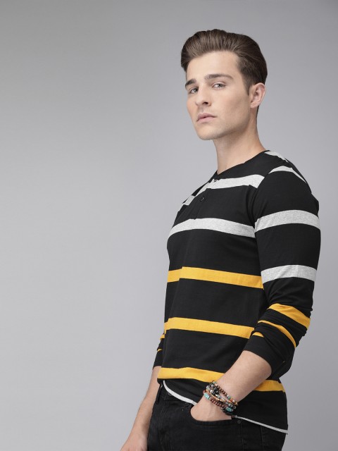 

Roadster Men Black & White Striped Henley Neck T-shirt