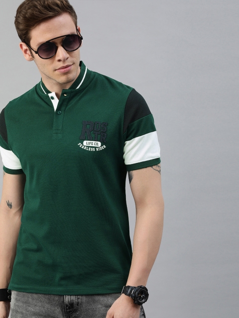 

Roadster Men Green Mandarin Collar Solid T-shirt with Striped Sleeves