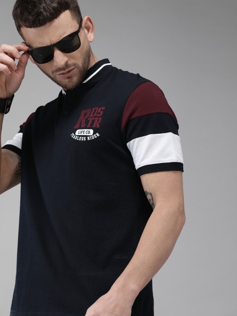 

Roadster Men Navy Blue Solid Mandarin Collar T-shirt