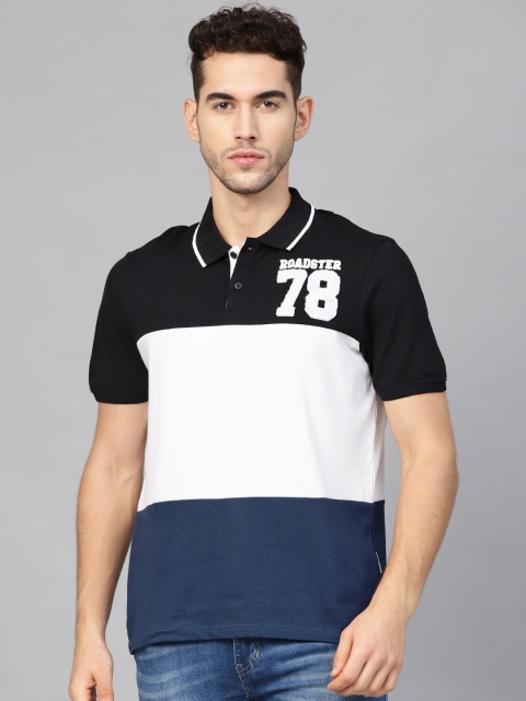 

Roadster Men Black & White Colourblocked Polo Collar T-shirt