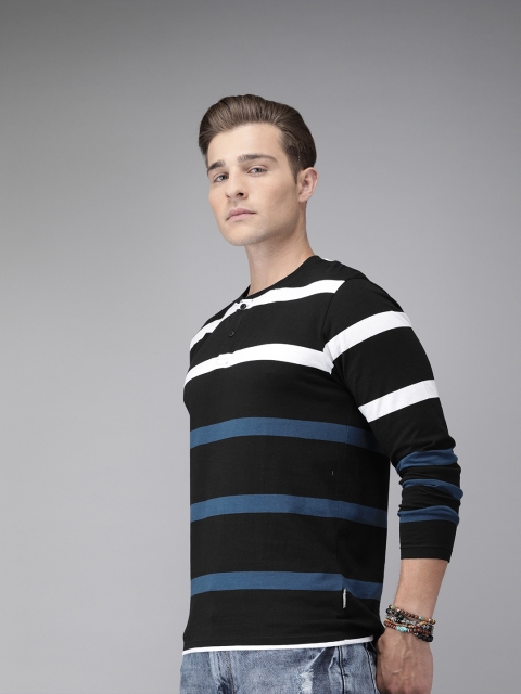 

Roadster Men Black & Mustard Yellow Slim Fit Striped Henley Neck T-shirt