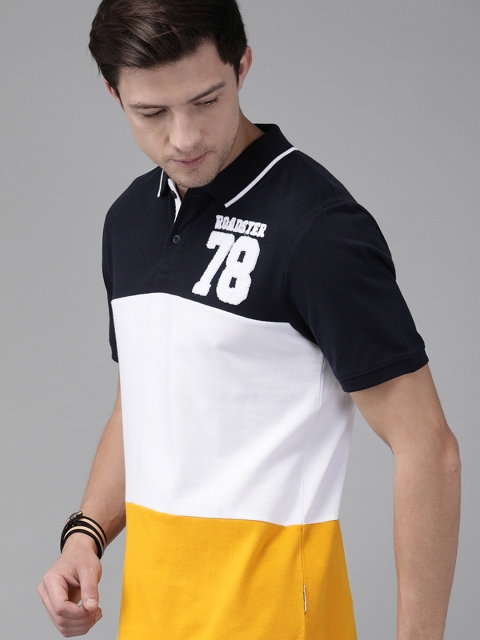 

Roadster Men Mustard Yellow & White Colourblocked Polo Collar T-shirt