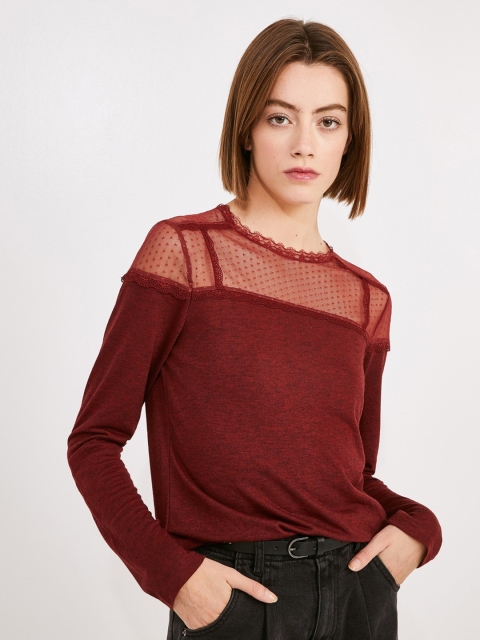 

promod Women Maroon Solid Semi-Sheer Top