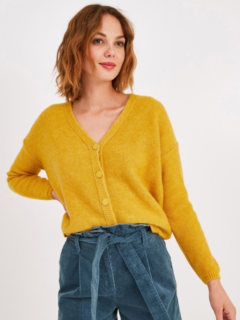 

promod Women Mustard Yellow Solid Cardigan