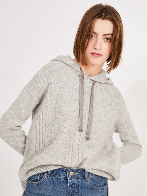 

promod Women Grey Cable Knit Hooded Sweater