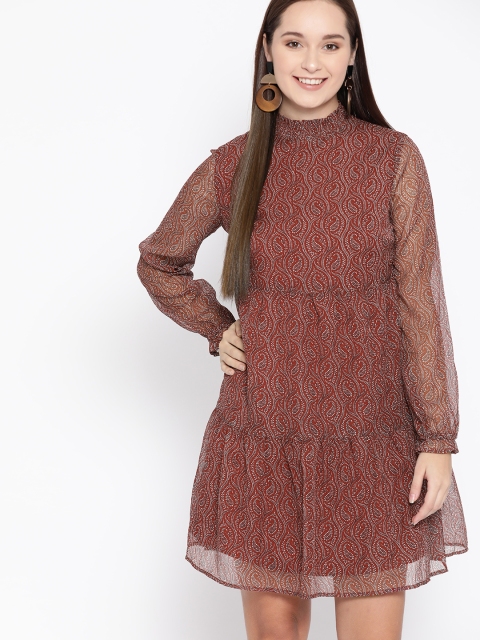 

promod Women Maroon & Off-White Printed Tiered A-Line Dress