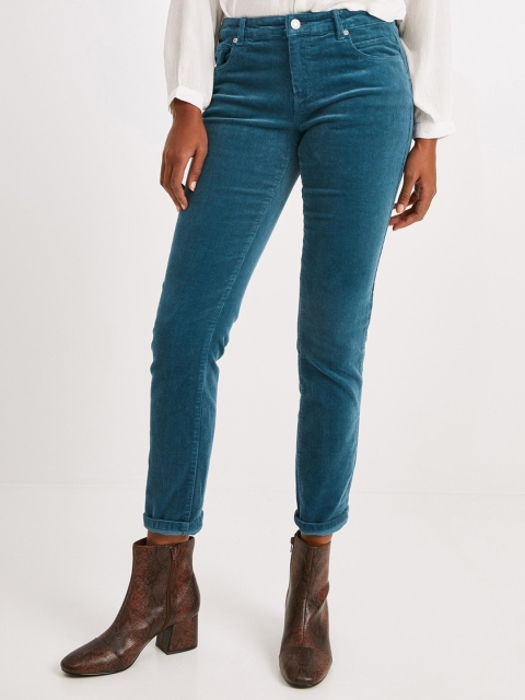 

promod Women Teal Blue Regular Fit Solid Corduroy Trousers