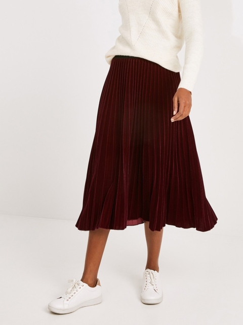 

promod Women Burgundy Solid Accordian Pleat Flared Skirt With Velvet Finish