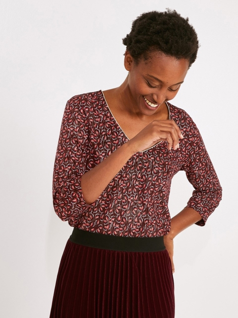 

promod Women Maroon & Off-White Printed Top