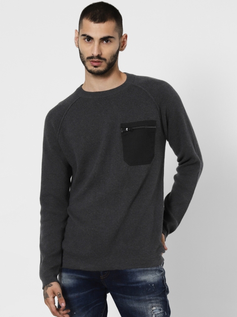 

Jack & Jones Men Charcoal Grey Solid Pullover Sweater