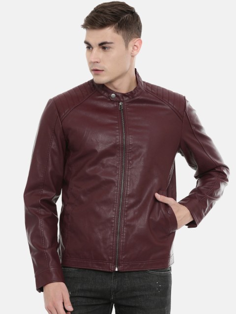 

Jack & Jones Men Maroon Solid Biker Jacket