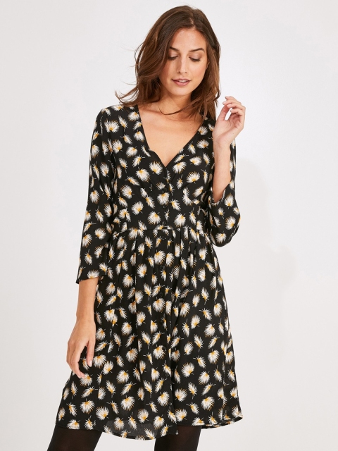 

promod Women Black & Off-White Floral Printed Fit & Flare Dress