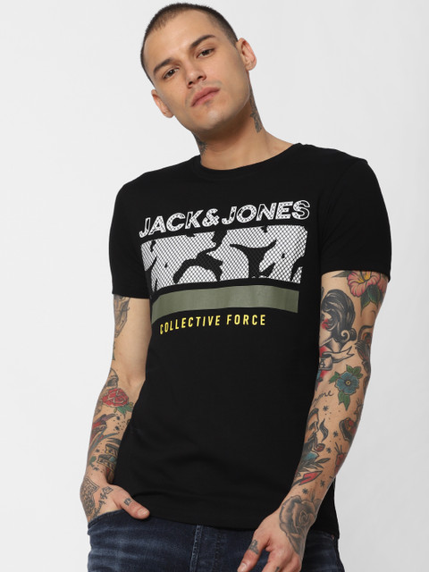 

Jack & Jones Men Black & White Printed Round Neck T-shirt
